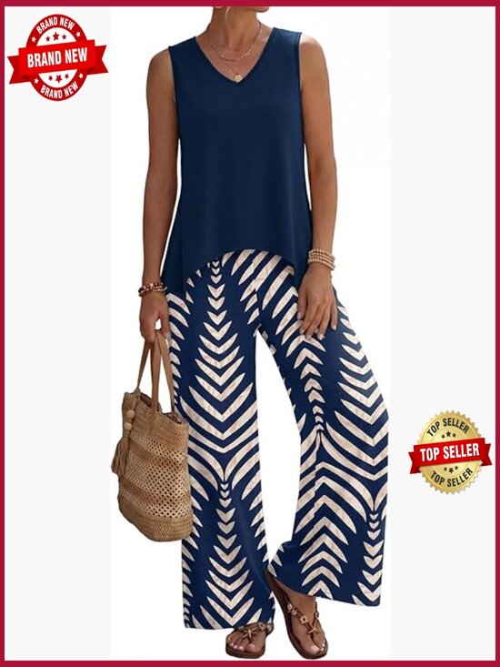 Pants - Two Piece Lounge Set Sleeveless Wide Leg Pants Set Summer Cruise Vacation